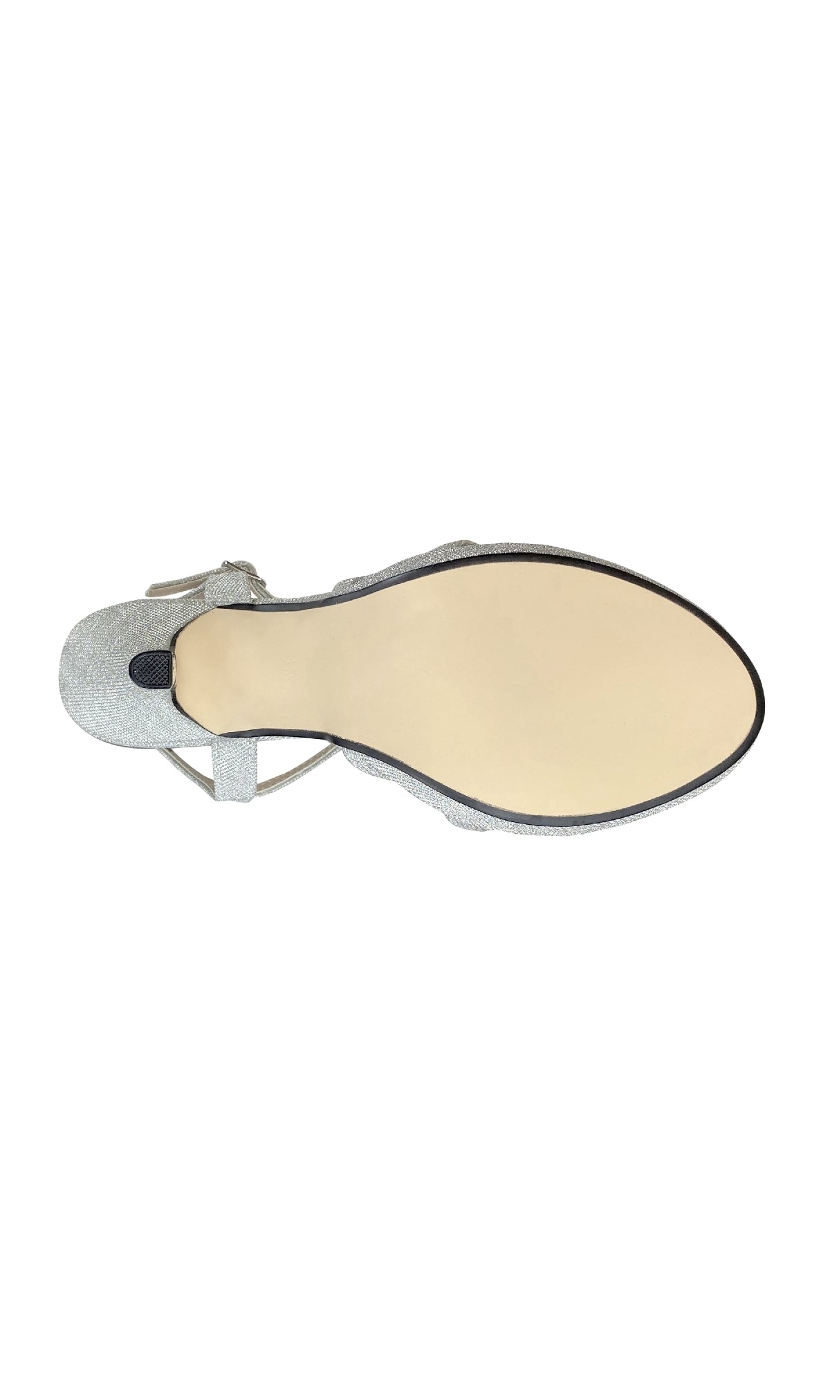 Top view of Mae Silver Glitter Prom Shoes: Touch Ups 4505, featuring stiletto heels, pointed toe, and ankle strap sole, displayed against a white background.